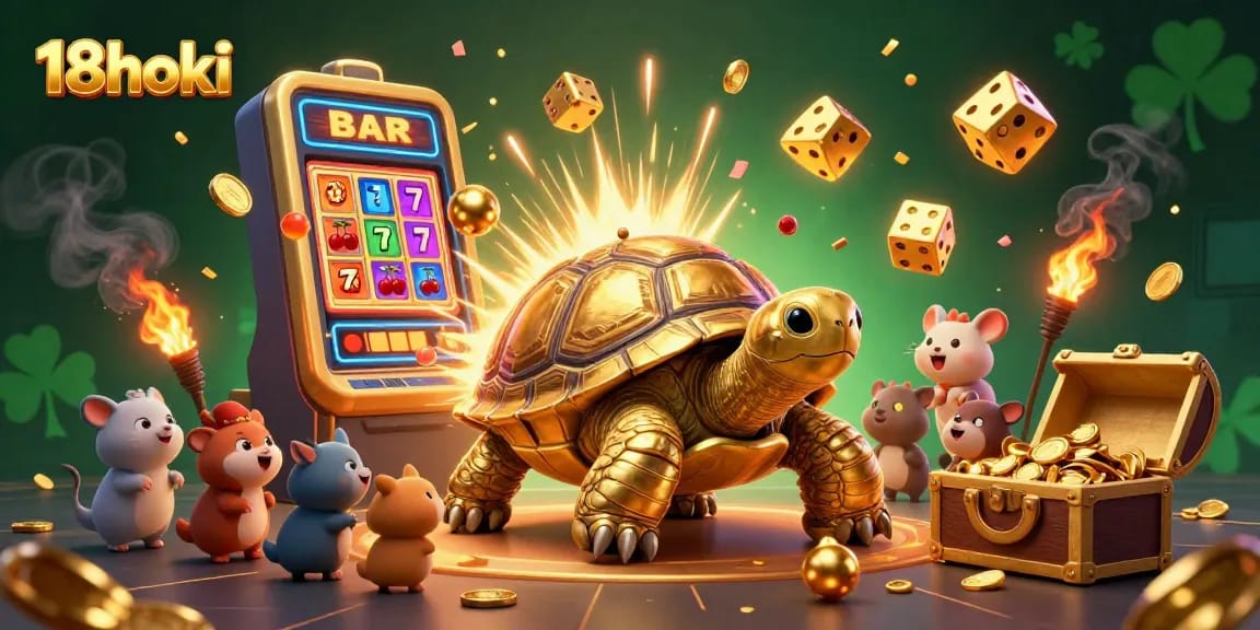 Experience the excitement of 18hoki with a lively casino scene featuring animated characters and vibrant game elements.