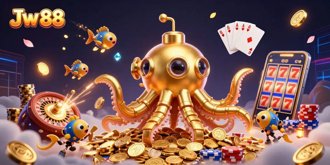 Spin to win at Jw 88 with an exhilarating 3D casino experience featuring a golden kraken and vibrant elements.