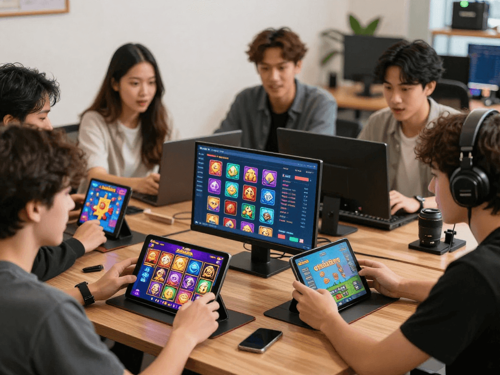 Pengguna jandaslot88 bermain slot online di perangkat mobile dengan suasana ceria.