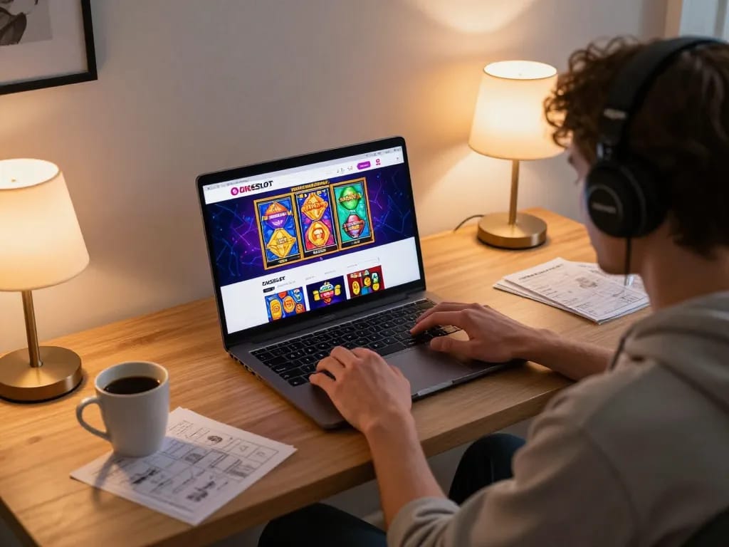 Pemain berinteraksi dengan OKESLOT di laptop dalam suasana rumah yang nyaman, menyoroti permainan online yang strategis.