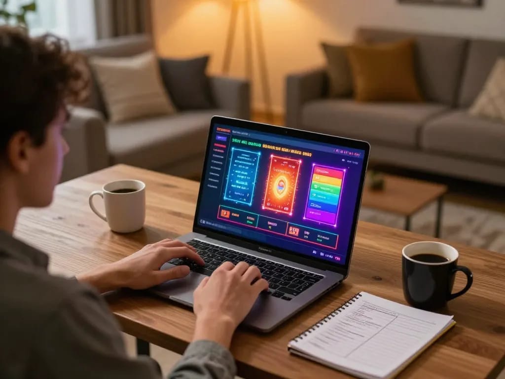 Pemain kasino online DASI4D menikmati permainan strategi di laptop di meja rumah.