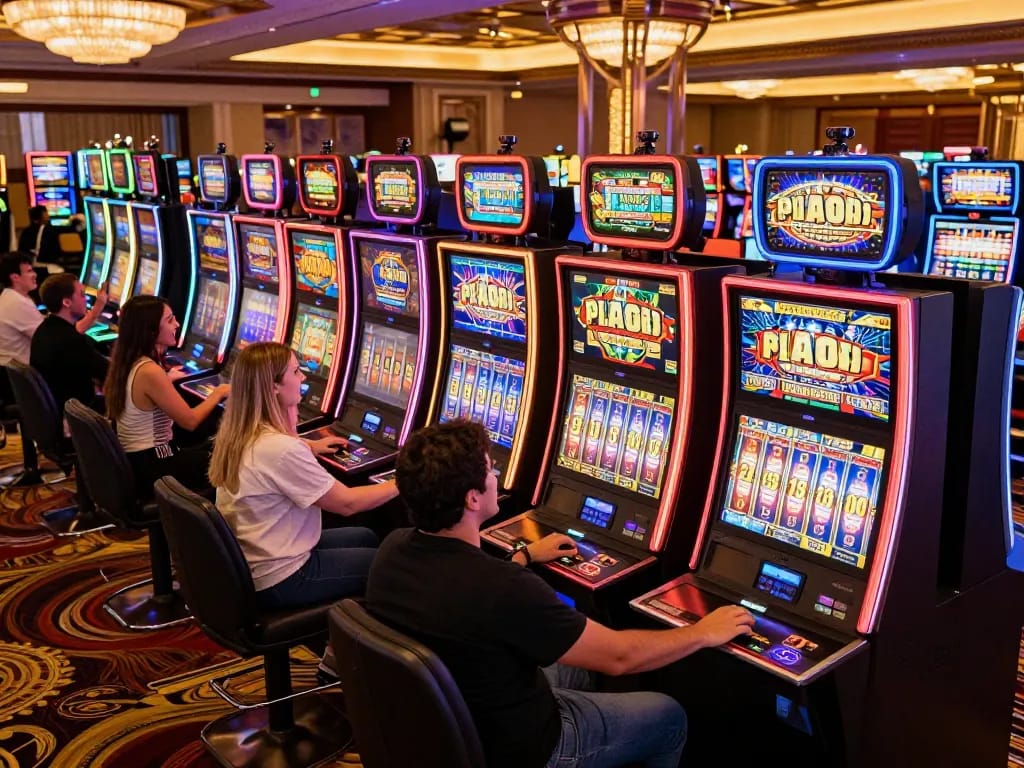 Players enjoying exciting slot machines with vibrant displays in a lively casino setting