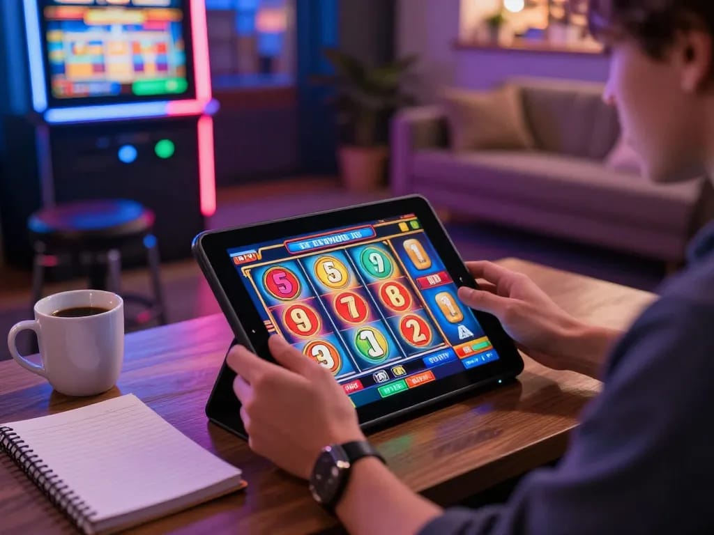 Engaging in QQSLOT Link Alternatif gameplay on a tablet in a vibrant home setting.