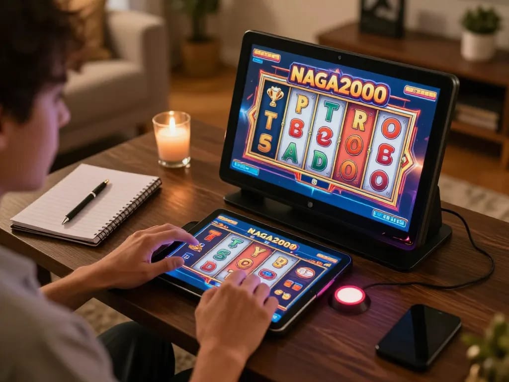 NAGA2000 player ready to spin on a vibrant online slot game in a cozy home environment.