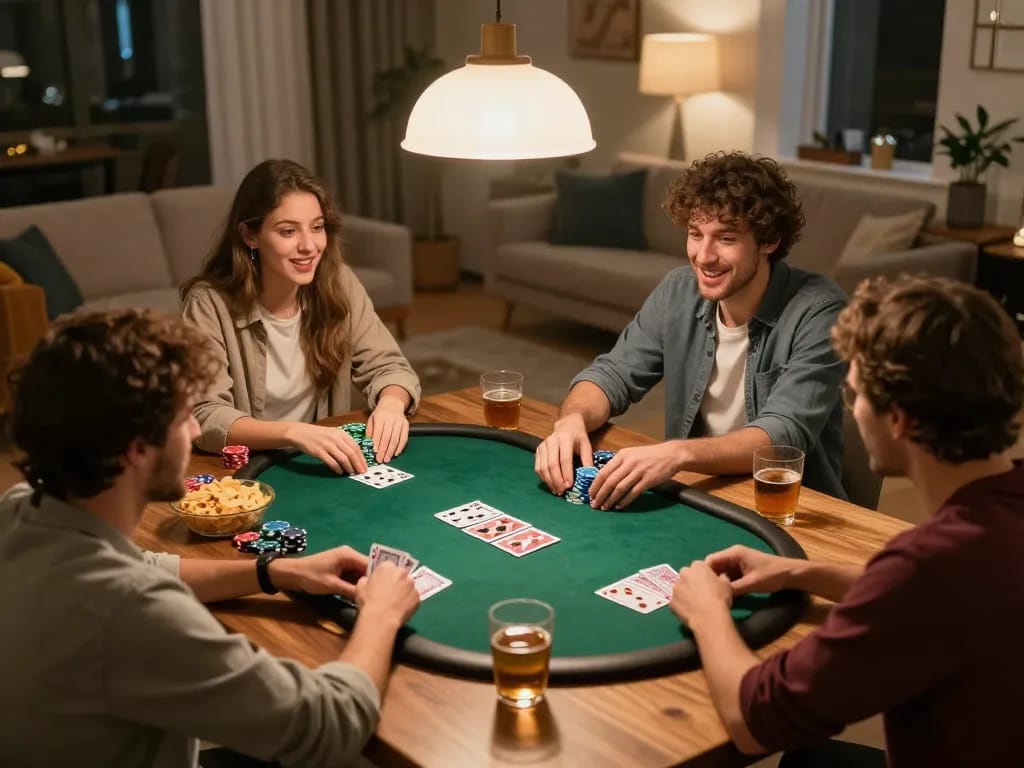 Pemain yang terlibat di malam poker di rumah menikmati permainan kenzototo dengan chip dan kartu.