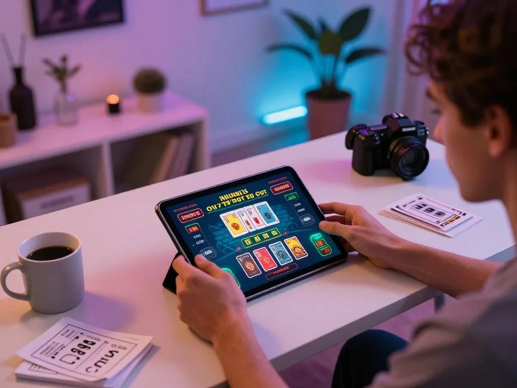 Engaging player enjoying online fabet gaming on a stylish tablet at home