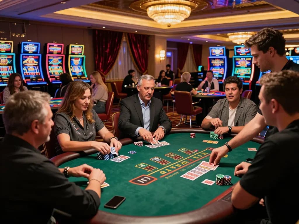 Exciting blackjack action at 98win trang chủ with players engaged and dealer shuffling cards.