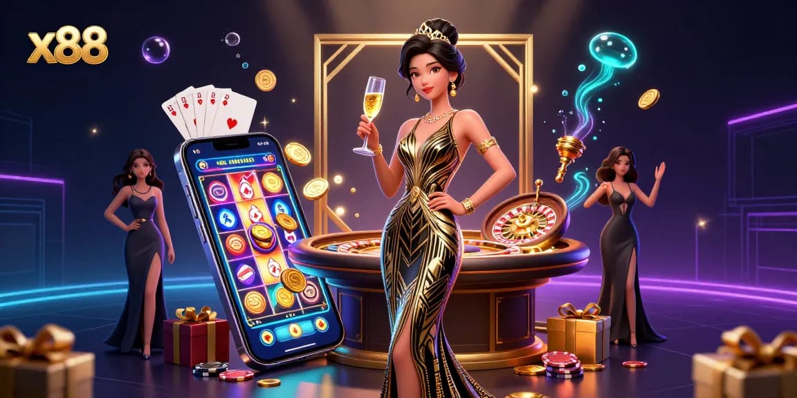 x88 showcases an elegant Asian woman in a luxurious casino scene, capturing the thrill of classic table games.
