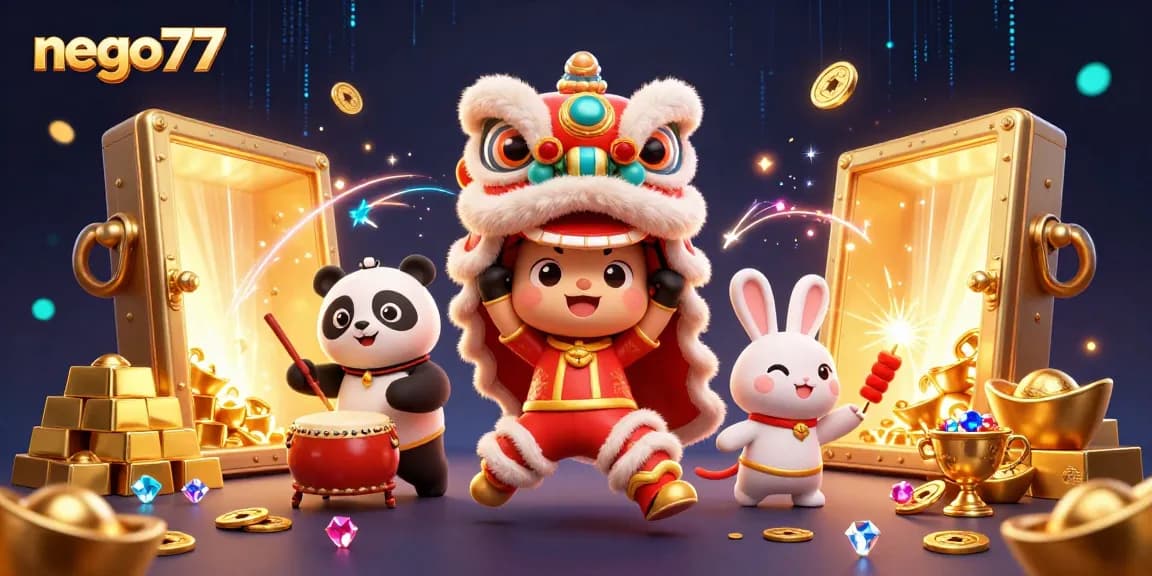 Experience exciting gambling with nego77 in a vibrant Chinese New Year-themed illustration.