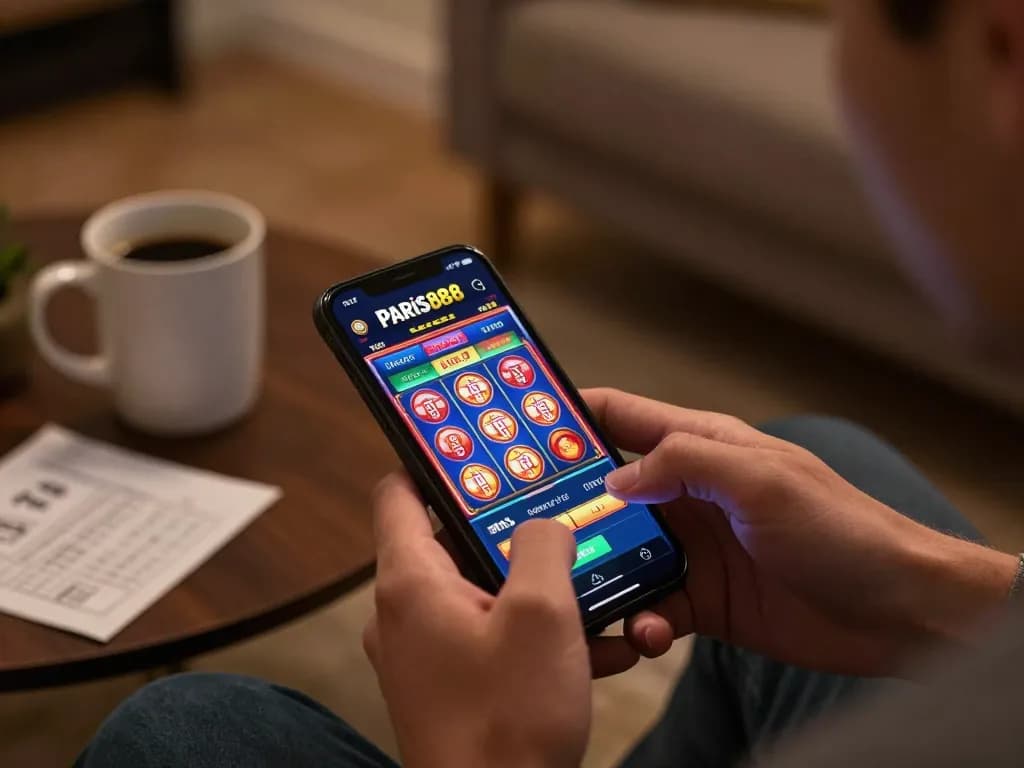 Engaged player using the Paris888 app to explore exciting slot games in a cozy setting
