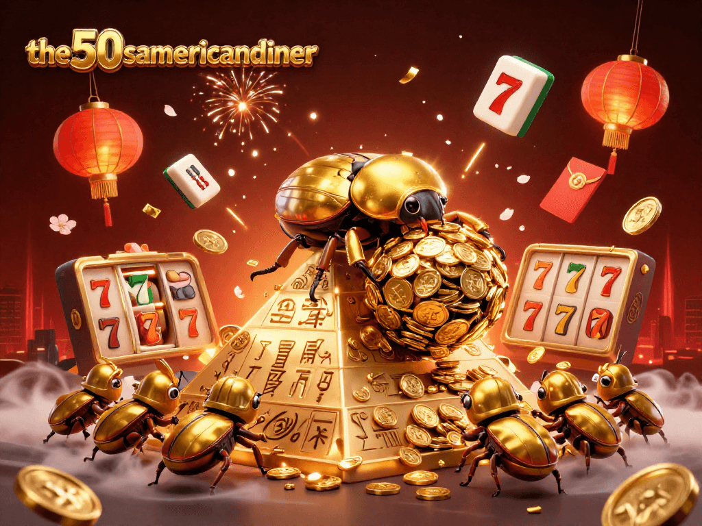 Engage with the50samericandiner's vibrant 3D slot scene showcasing golden coins and jackpot excitement.