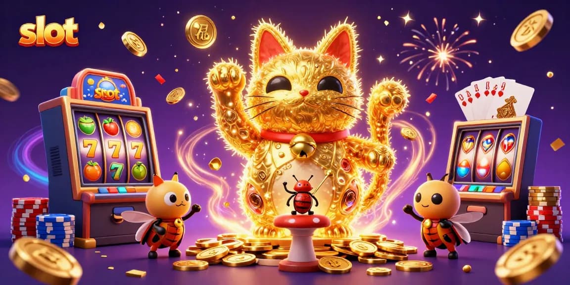 Permainan slot terbaru dengan simbol kucing keberuntungan dan keripik poker bersinar.