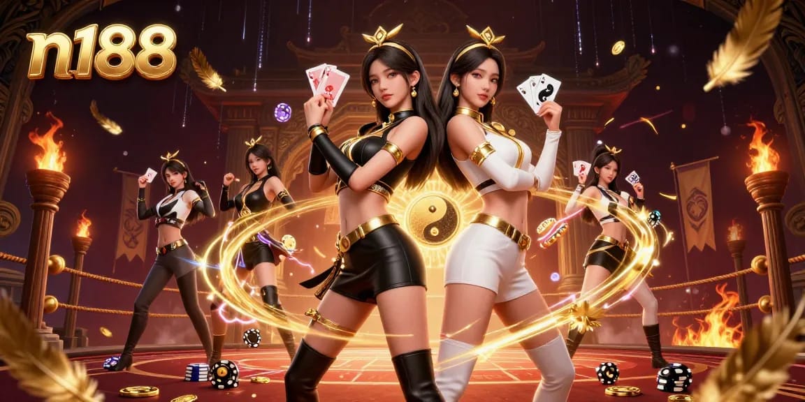 Experience the thrill of n188 with stunning visuals of twin gamblers showcasing their skills in a vibrant casino setting.