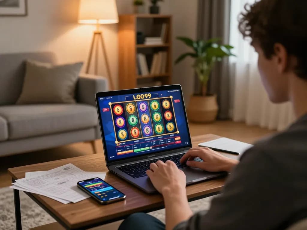 Pemain LGO99 yang terlibat dengan permainan slot online di laptop di setting rumah yang nyaman