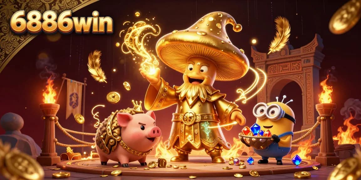 Play at 6886win's dynamic casino scene featuring golden magical elements and treasures.