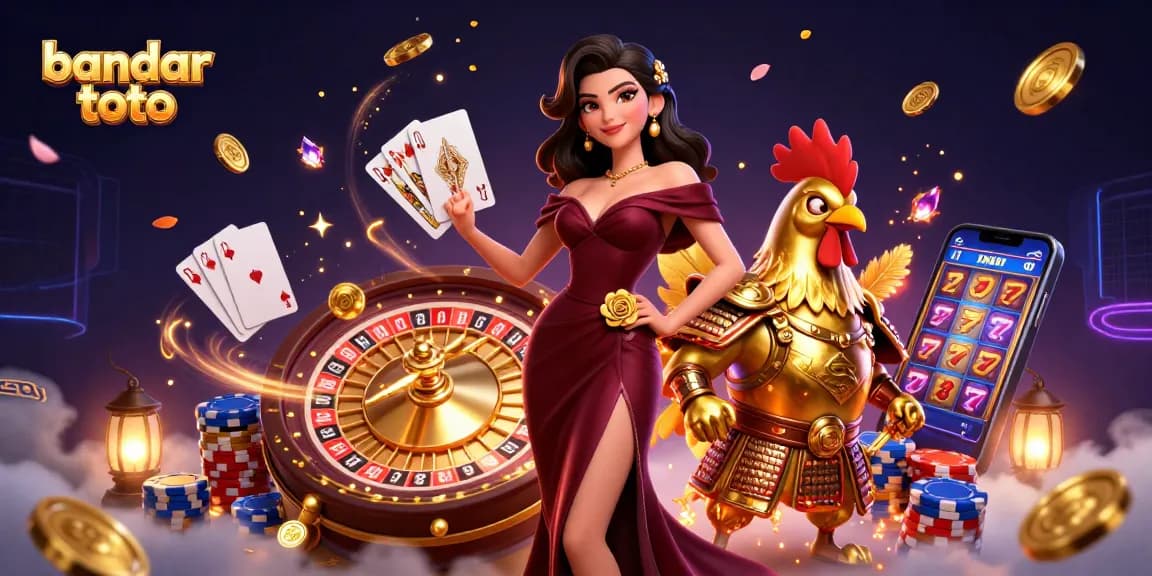 Engage in the excitement of bandar toto with a glamorous lady and a golden rooster warrior amidst cascading riches.