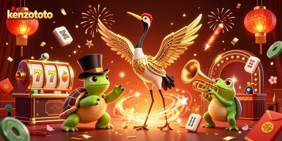 Kenzototo offers an exciting casino experience with lively characters celebrating with slot reels and festive elements.