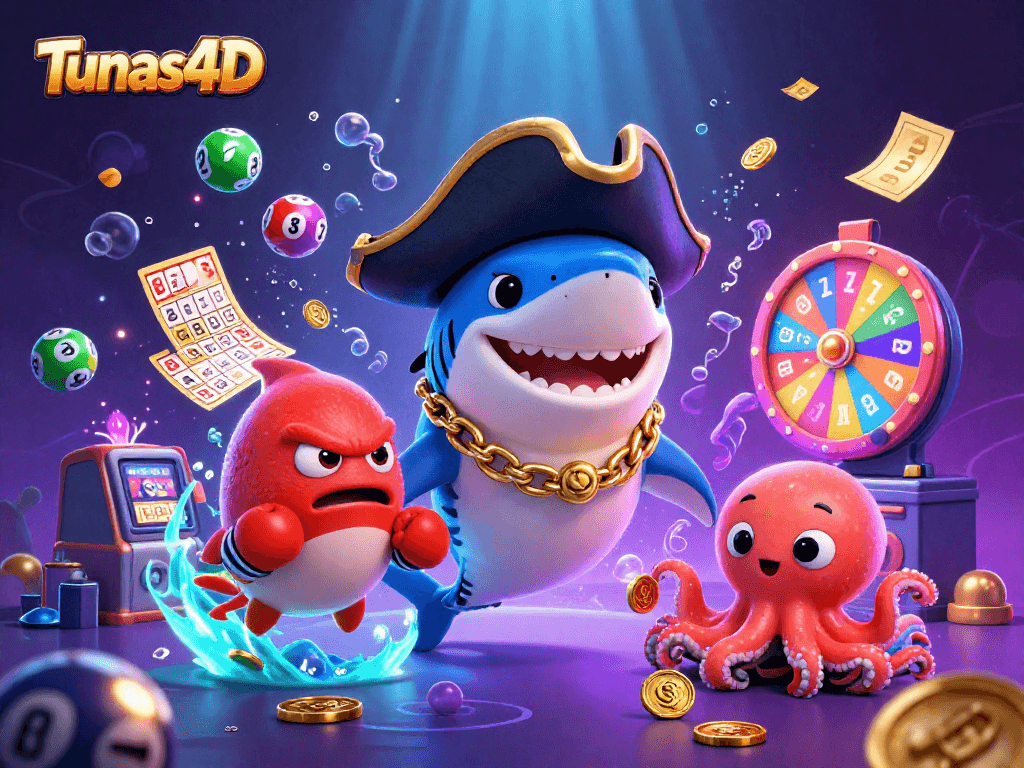 Engage with Tunas4D's dynamic lottery scene featuring a colorful character assembly.
