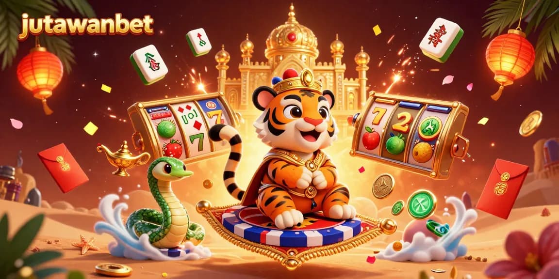 Experience the excitement of jutawanbet with an animated scene of slot games and exotic characters.