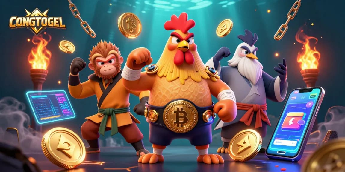 Engage with CONGTOGEL’s vibrant 3D casino illustration featuring dynamic characters and crypto elements.