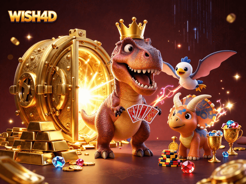 WISH4D showcases friendly T-Rex and pterodactyl in a thrilling casino scene with vibrant treasures.