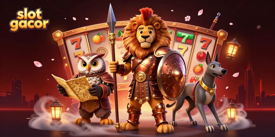 Engage with slot gacor gameplay illustrated by a Spartan lion and dynamic casino elements.