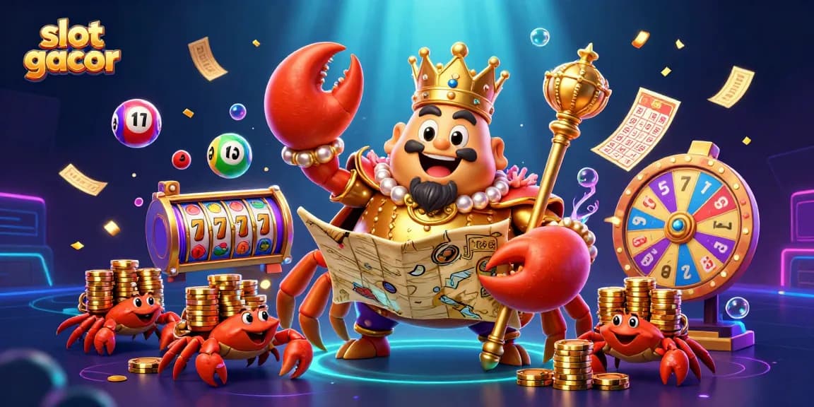 Engage with slot gacor through a vibrant underwater scene featuring a golden crab emperor and lively gambling elements.