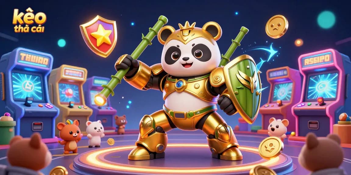 Engage with kèo nhà cái through this lively scene featuring a golden panda in an arena filled with arcade machines and cheering fans.
