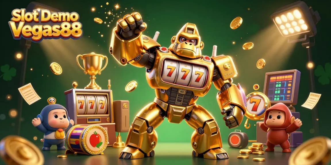 Engage with Slot Demo Vegas88 featuring a dynamic golden gorilla mech amidst vibrant slot elements.