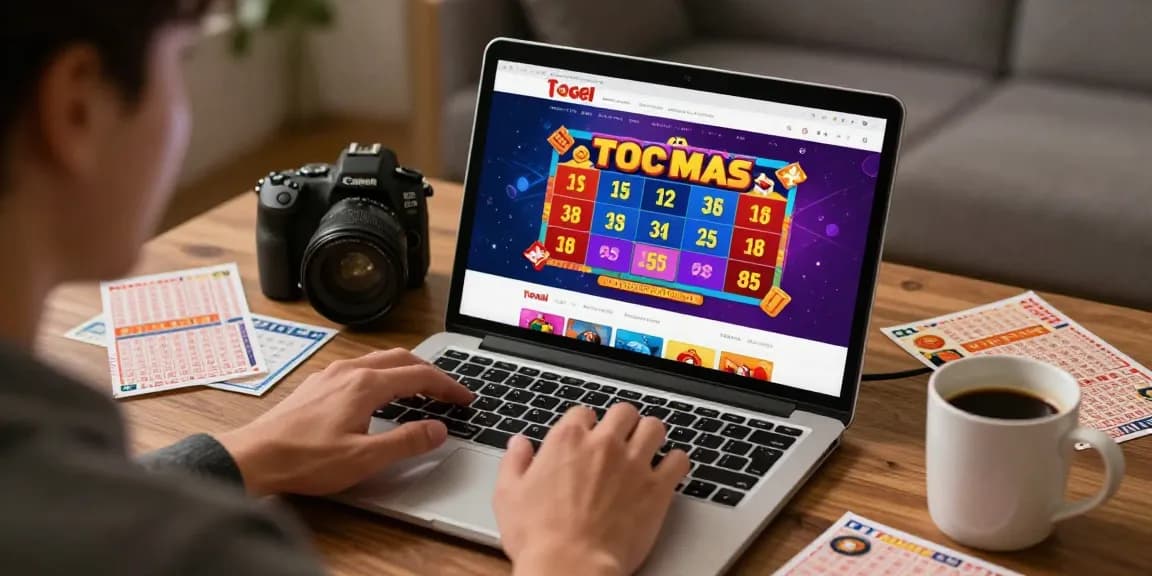 Pengalaman bermain rajatogel dengan laptop dan tiket togel di meja, suasana hangat dan nyaman.