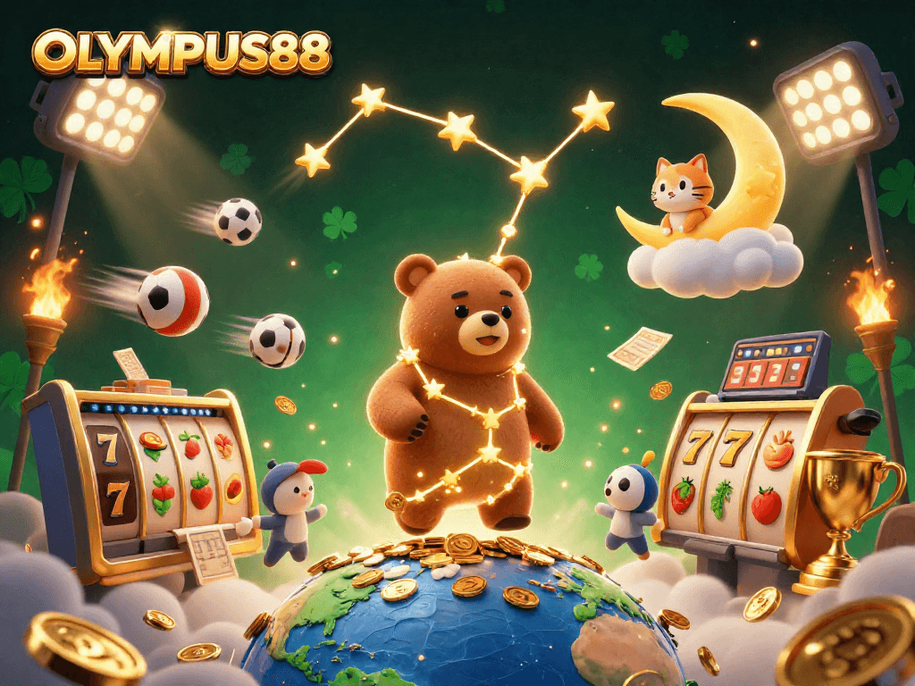 Experience thrilling wins with OLYMPUS88 in a vibrant 3D casino scene featuring gold coins and festive symbols.