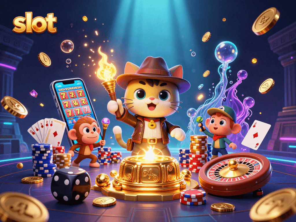 Spin the reels of the slot machine in a vibrant casino atmosphere with thrilling treasures.