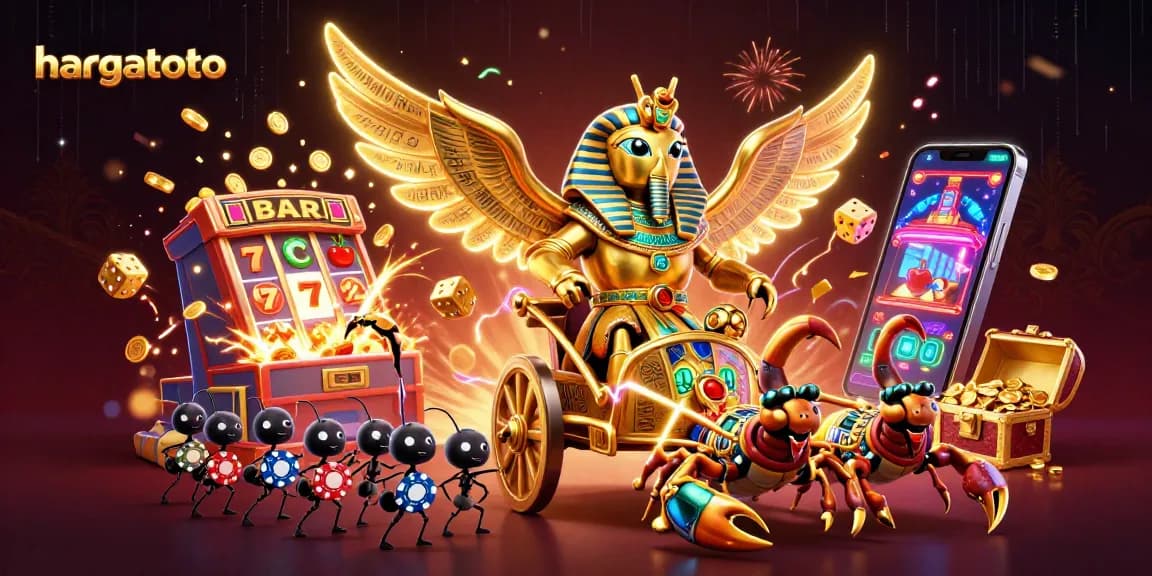 Experience thrilling moments at hargatoto with a vibrant casino adventure illustration showcasing golden symbols and characters.