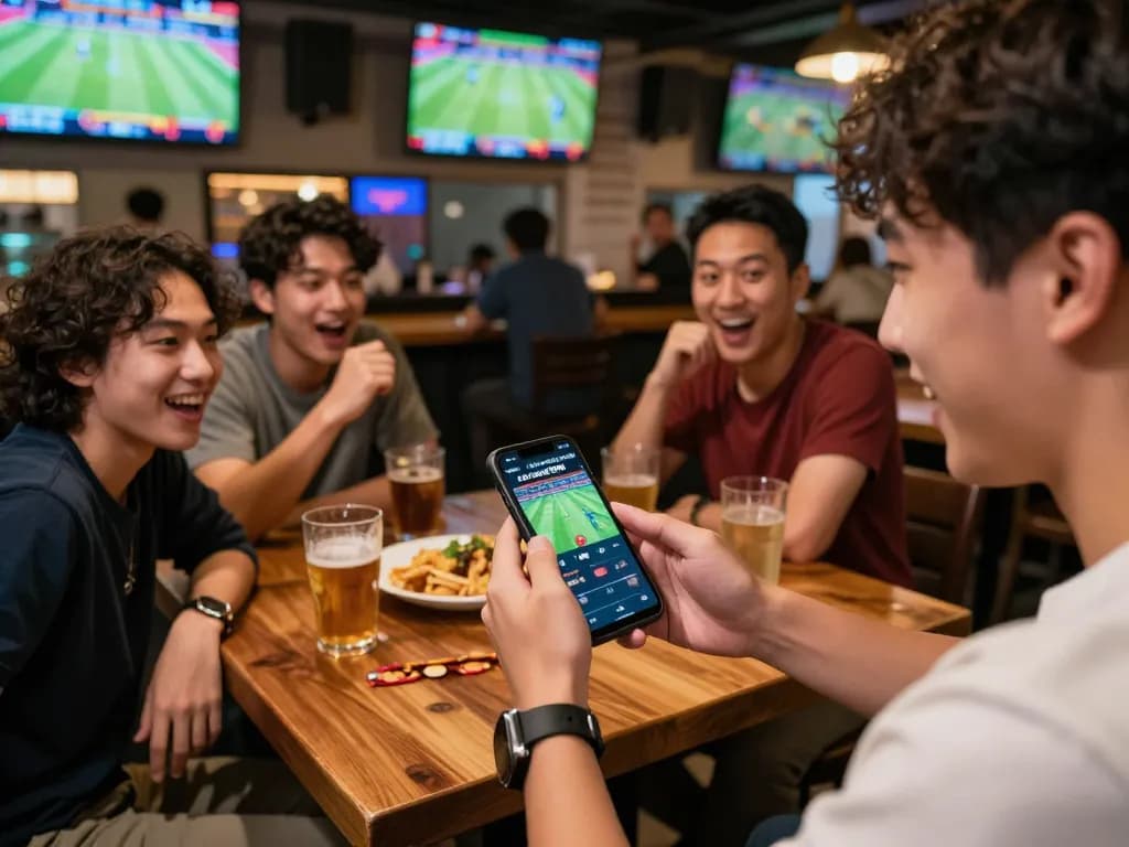 Person placing bets on a sports game using the kaisar888 mobile app during a lively gathering