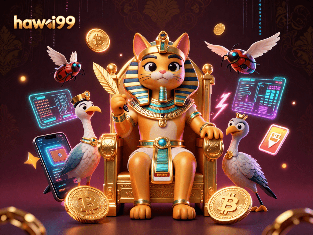 Experience thrilling gameplay with hawai99, surrounded by lively characters and crypto elements.