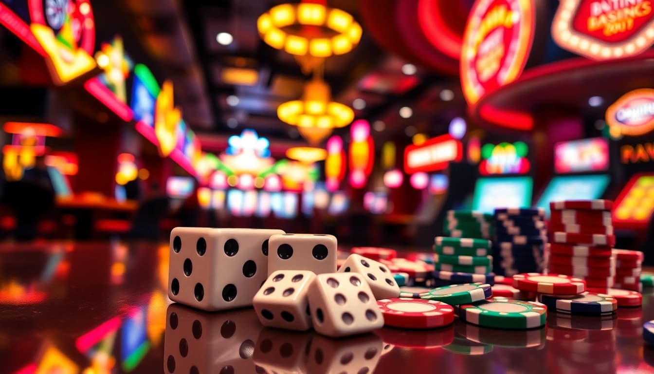 Gta togel dice and poker chips set in a lively casino scene, reflecting excitement and energy.