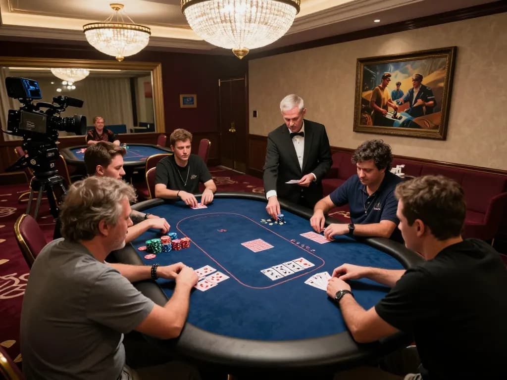 WWBOLA players strategizing in a luxurious VIP poker room, capturing high-stakes action.
