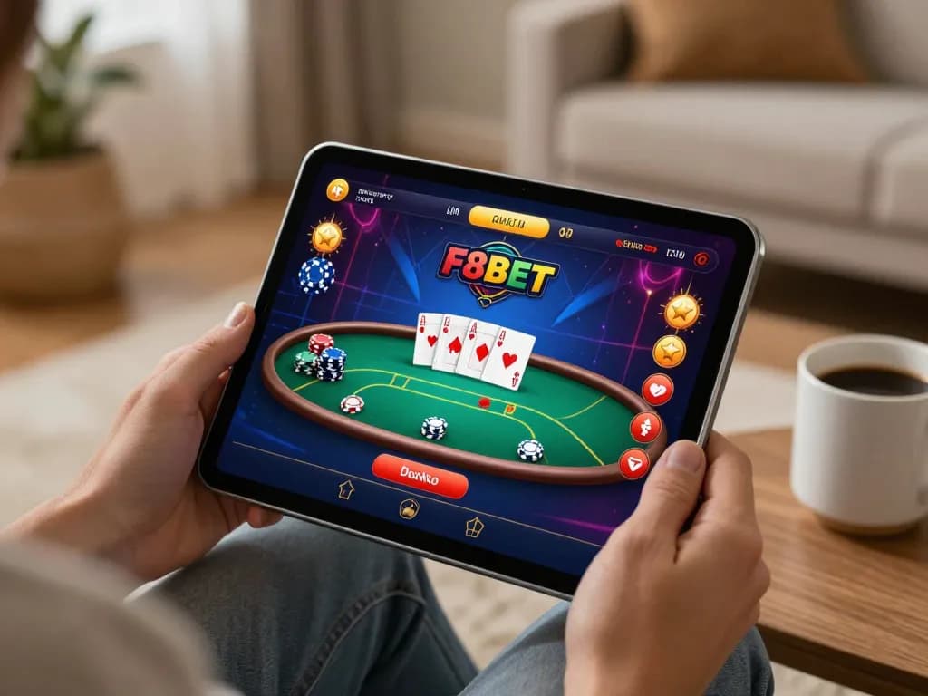 Engaging in F8bet luxury gaming on a tablet in a cozy home setting with poker game interface visible.