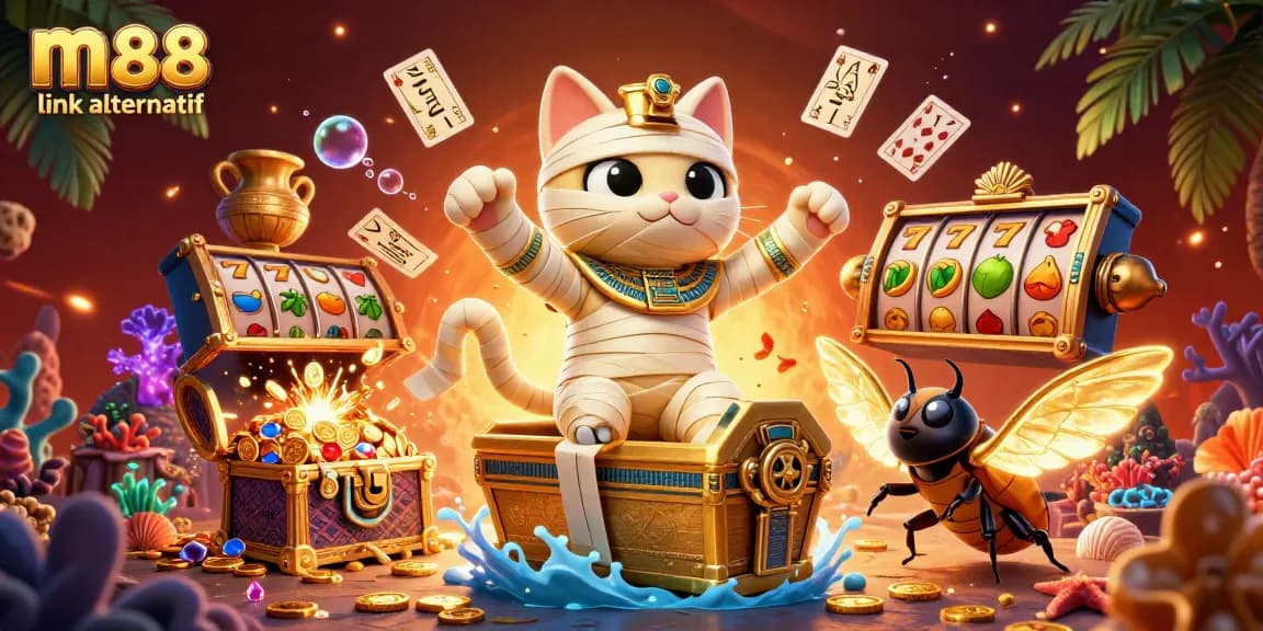 Experience thrilling wins with M88 link alternatif in a vibrant casino scene featuring a mummy cat and treasures.