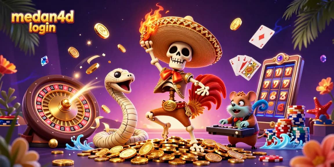 Gambarkan kemenangan di medan4d login dengan kerangka mariachi dan DJ hamster di kasino.