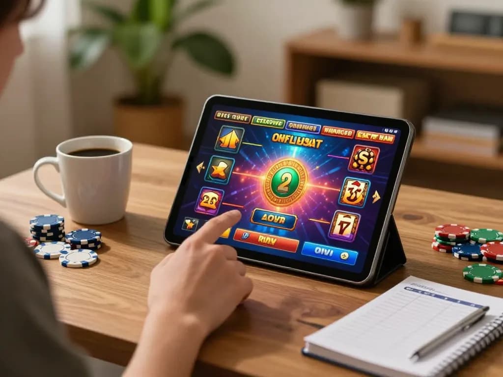 Berinteraksi dengan server slot Indonesia di tablet, mempertunjukkan permainan yang bertanggung jawab di rumah yang nyaman