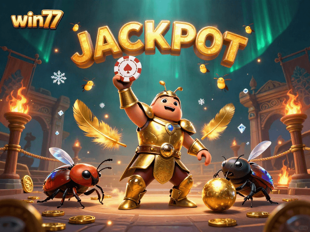 Menangkan jackpot dengan win77 dalam ilustrasi 3D seru yang menggambarkan kehebohan kasino.