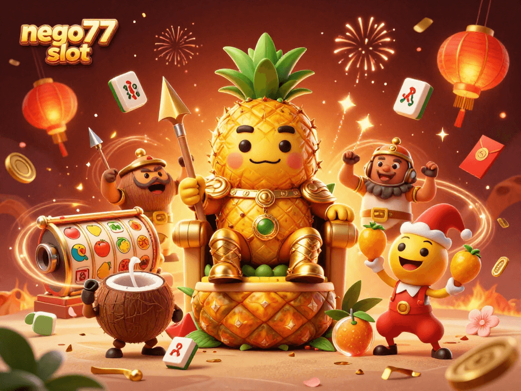 Engage with the exciting nego77 slot experience among a vibrant beach casino scene featuring fun characters.