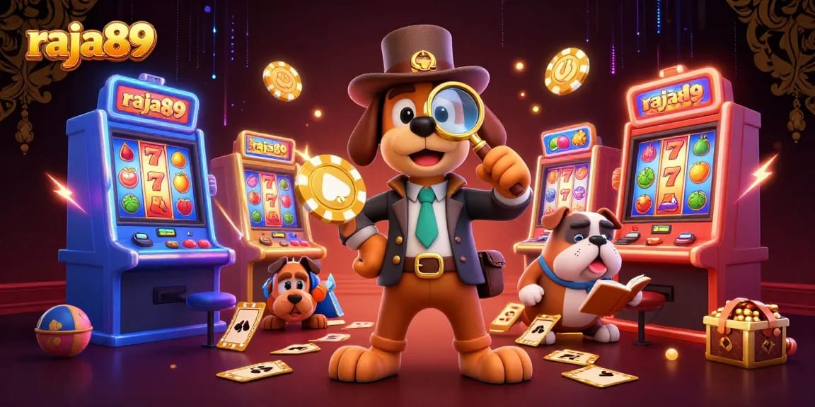 Play with raja89 as a detective finds golden poker chips amidst vibrant slot machines.