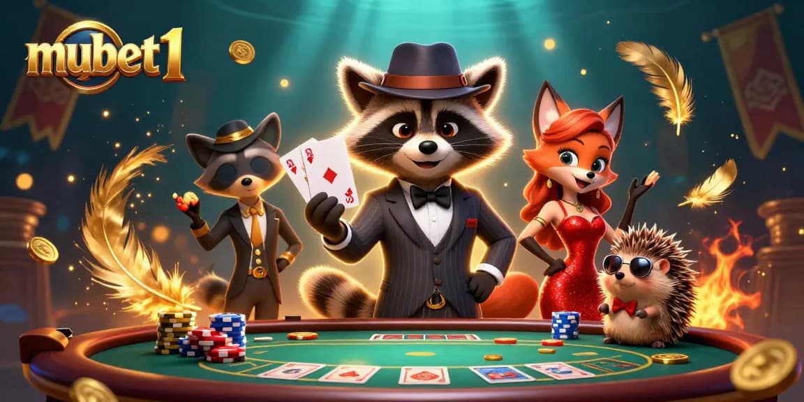 Engage with the thrilling action at mubet1, featuring a suave raccoon and friends in a vibrant casino setting.