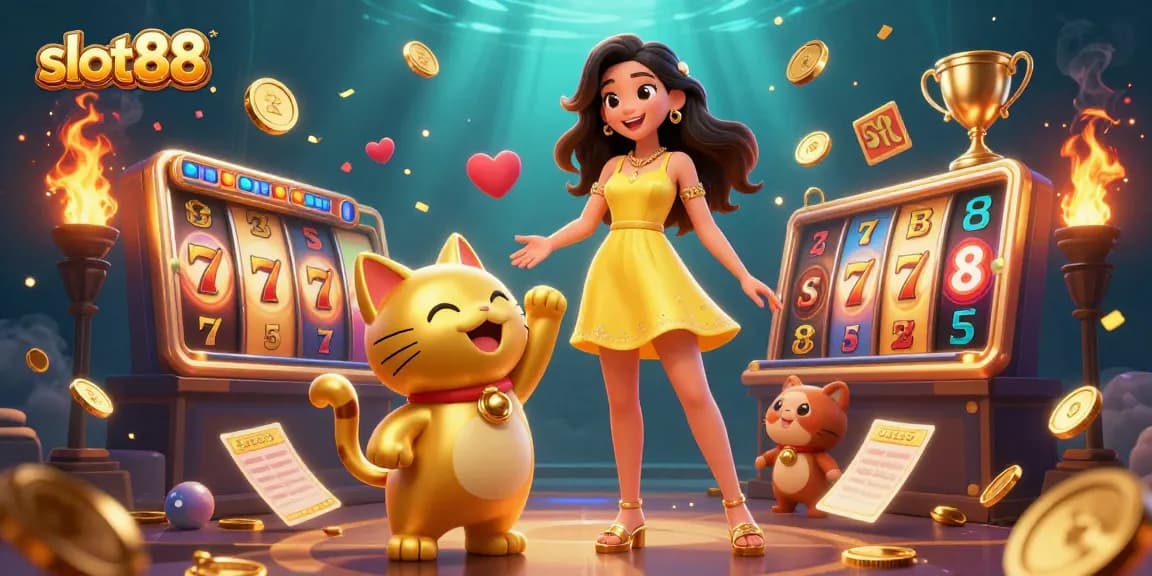 Experience excitement with slot88 as a cheerful woman plays exciting slot games with golden coins.
