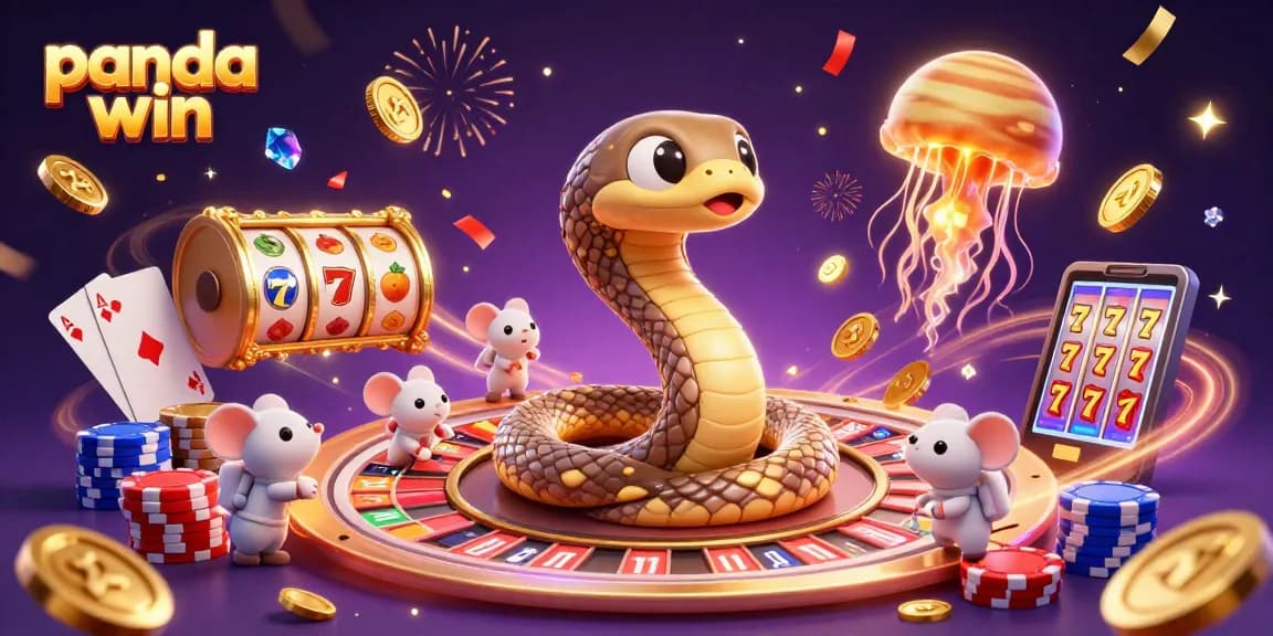 Panda win illustration with cartoon characters at a cosmic casino featuring slot reels and festive elements.