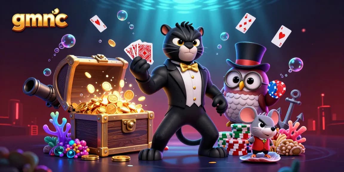 gmnc features a black panther dealing cards with an owl and mouse in a vibrant casino scene