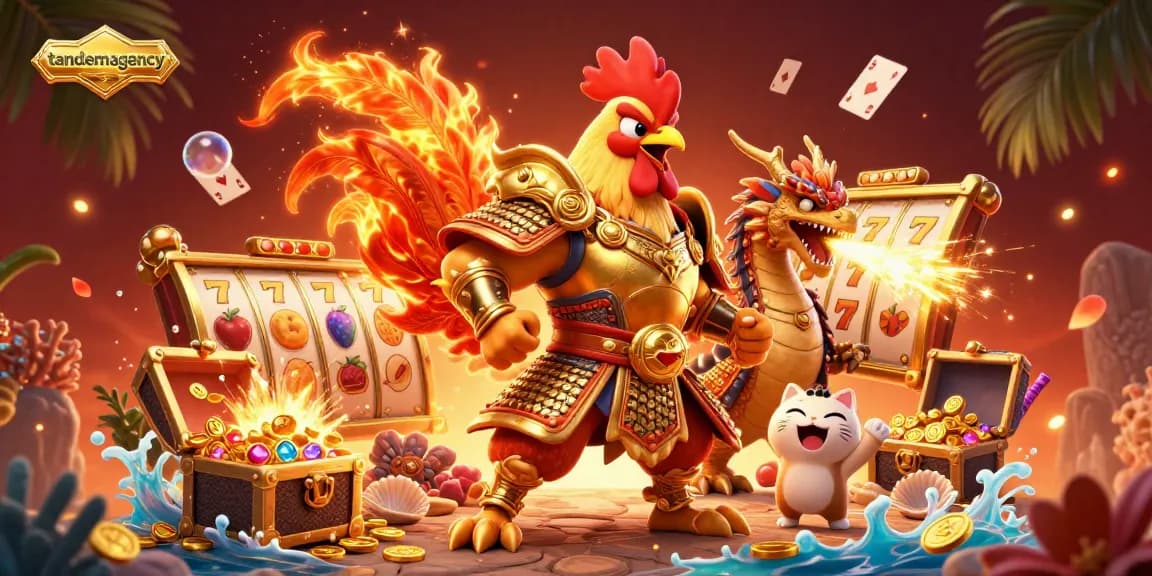 Win big with tandemagency in an exciting 3D casino scene featuring vibrant slot games and dynamic characters.