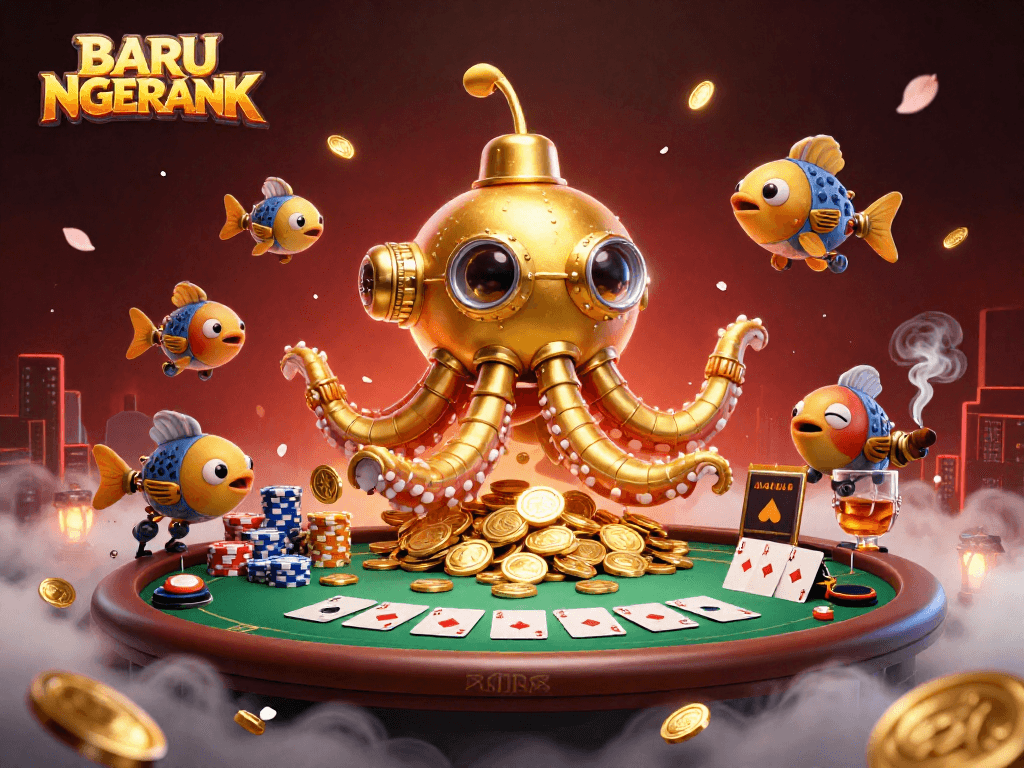 Experience BARU NGERANK with this vibrant scene showcasing exciting poker action and a golden kraken.